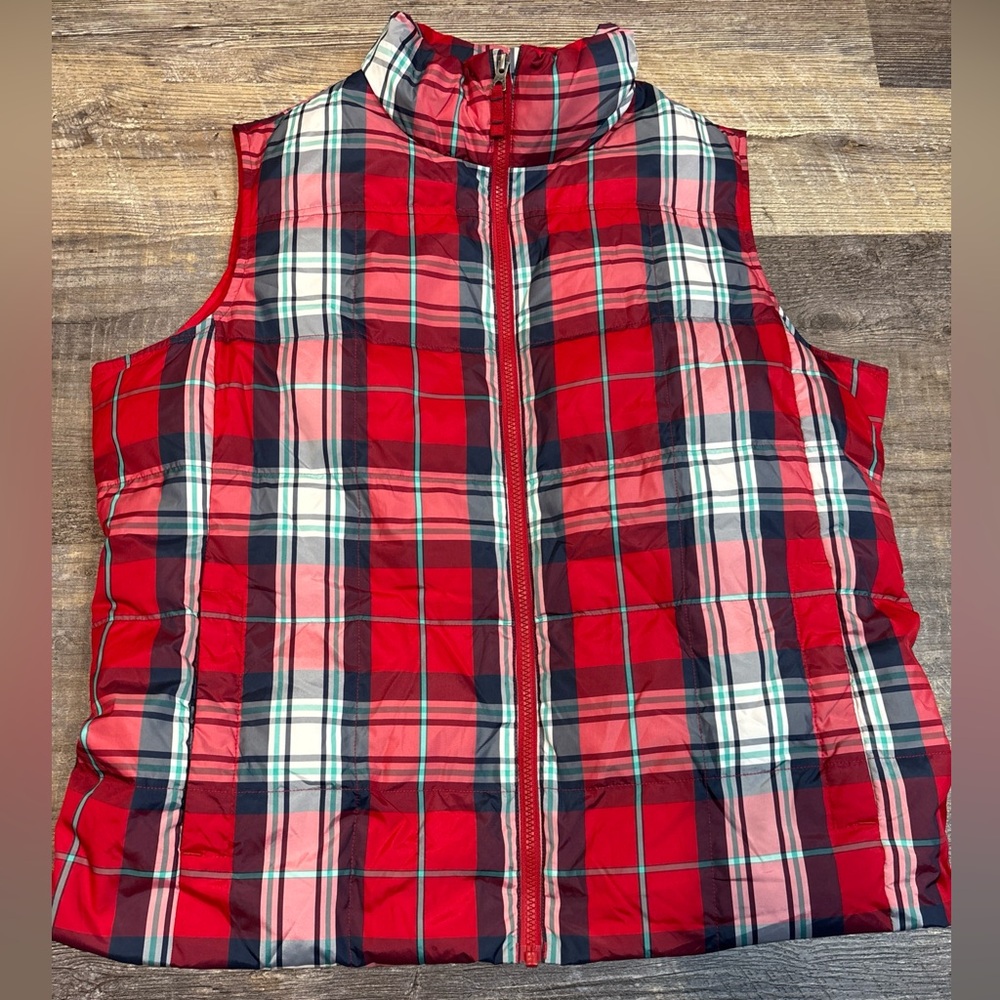 Lands’ End Down Puffer Vest Size XL/P 18 Red Plaid cabincore